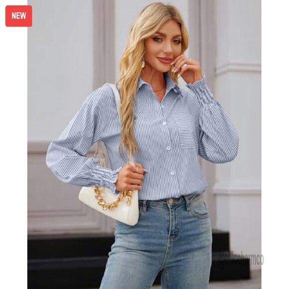 Oversized Button Down Shirt Smocked Cuff Long Sleeve Blouse Pocket - Picture 4 of 8